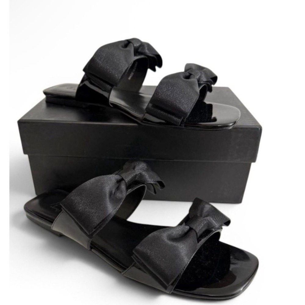 AAJ By Aminah Jodi Black Bow Flat Sandals Size 8.5 Slide Elegant Feminine